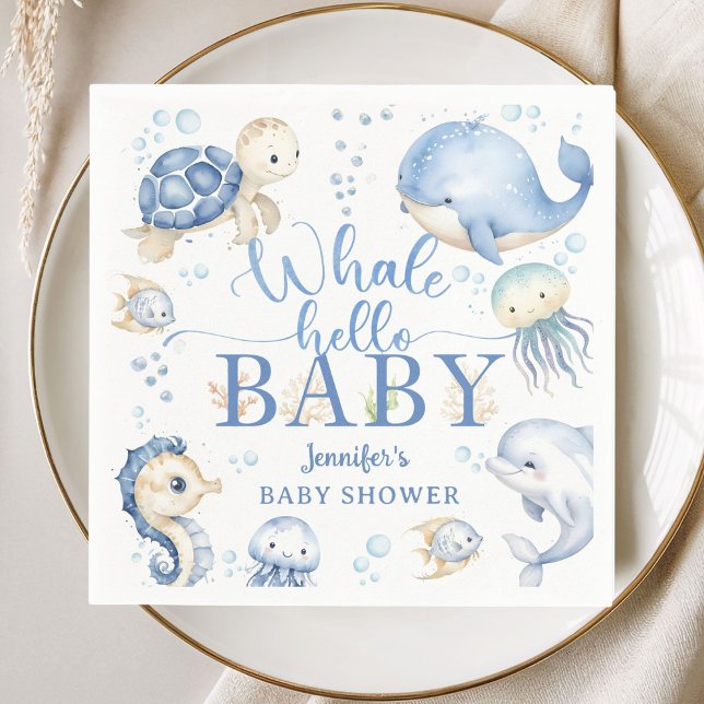Whale Hello Baby Shower Boy Blue Ocean Paper Napkin (Creator Uploaded)