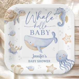 Whale Hello Baby Shower Boy Blue Ocean Paper Plate