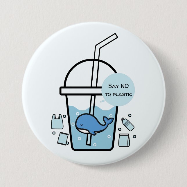 Whale in Cup, No to Plastic Earth Day 7.5 Cm Round Badge (Front)