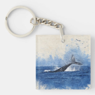Whale in Sea Birds in Distance Art Decor Gift Key Ring
