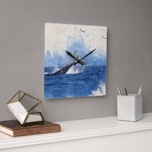Whale in Sea Birds in Distance Art Decor Gift Square Wall Clock