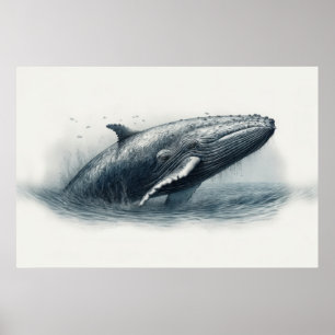 Whale jumping out of ocean illustration poster