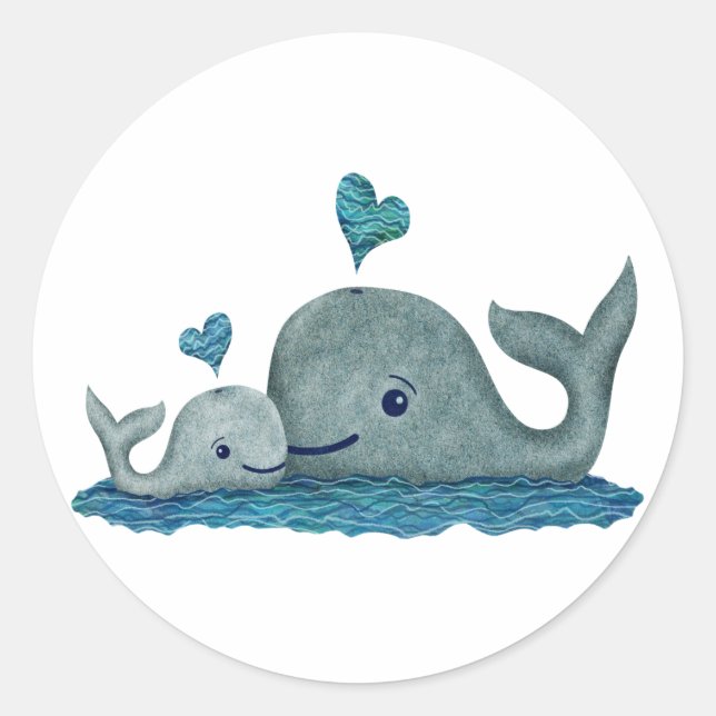 Whale Mum and Baby Swimming in the Sea Classic Round Sticker (Front)