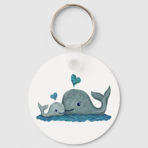 Whale Mum and Baby Swimming in the Sea Key Ring