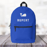Whale Name Monogram Modern Minimal Royal Blue Printed Backpack<br><div class="desc">A custom design on a royal blue background featuring a whale motif icon in white which can be easily replaced by uploading your own logo, image or motif! The personalised monogram name in white modern block typography can be replaced with your own name or custom text. The perfect gift or...</div>