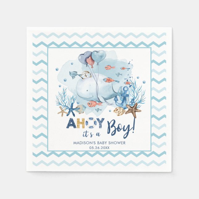 Whale Nautical Ahoy It's A Boy Baby Shower Blue  Napkin (Front)