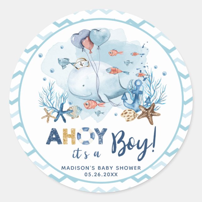 Whale Nautical Boy Baby Shower Thank You Favour Classic Round Sticker (Front)