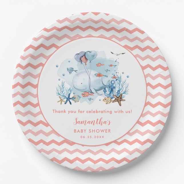 Whale Nautical Coral Pink Girl Baby Shower Paper Plate (Front)