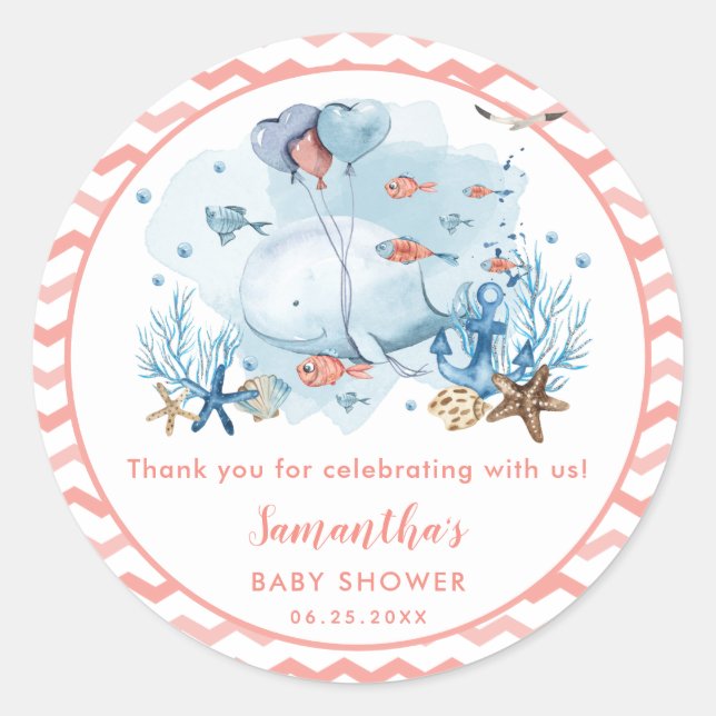 Whale Nautical Girl Baby Shower Thank You Favour Classic Round Sticker (Front)