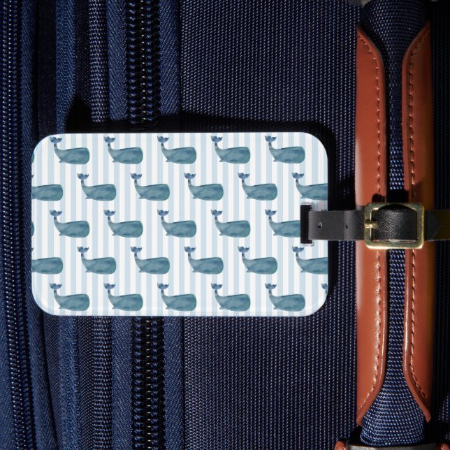 Whale Nautical Stripe Coastal Pattern Luggage Tag (Front Insitu 4)