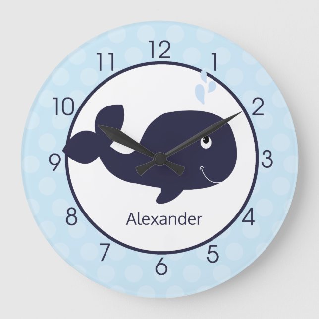 Whale Nursery Navy Blue / Light Blue Boys Wall Large Clock (Front)