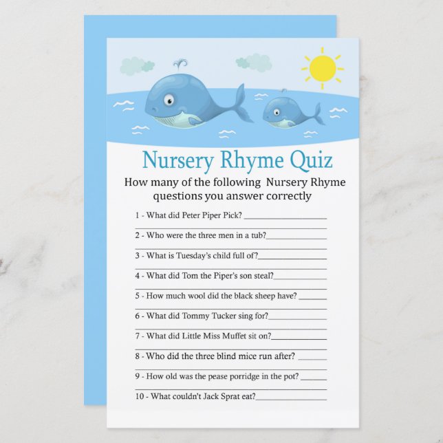 Whale Nursery Rhyme Quiz baby shower game (Front/Back)