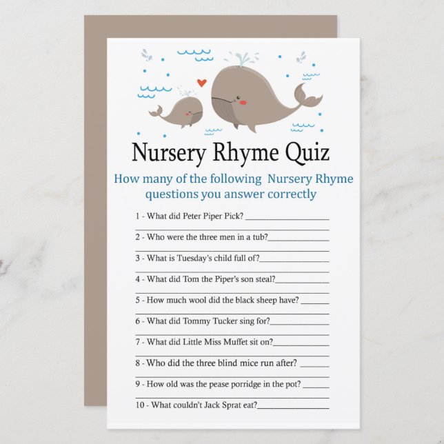 Whale Nursery Rhyme Quiz baby shower game (Front/Back)