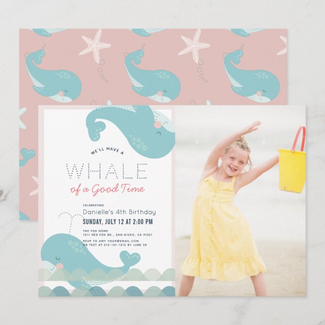 Whale of a Good Time Pink Girl Birthday Photo Invitation (Front/Back)