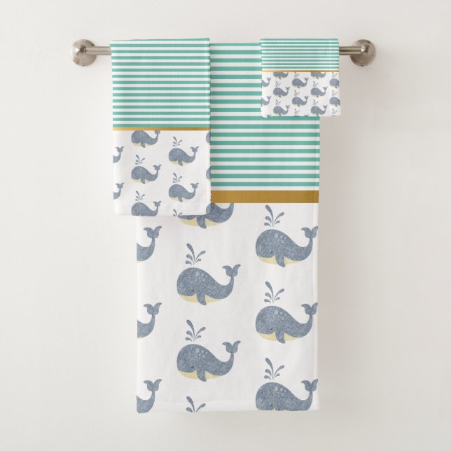 WHALE OF A TIME AQUABLUE STRIPE BATHROOM TOWEL SET (Insitu)