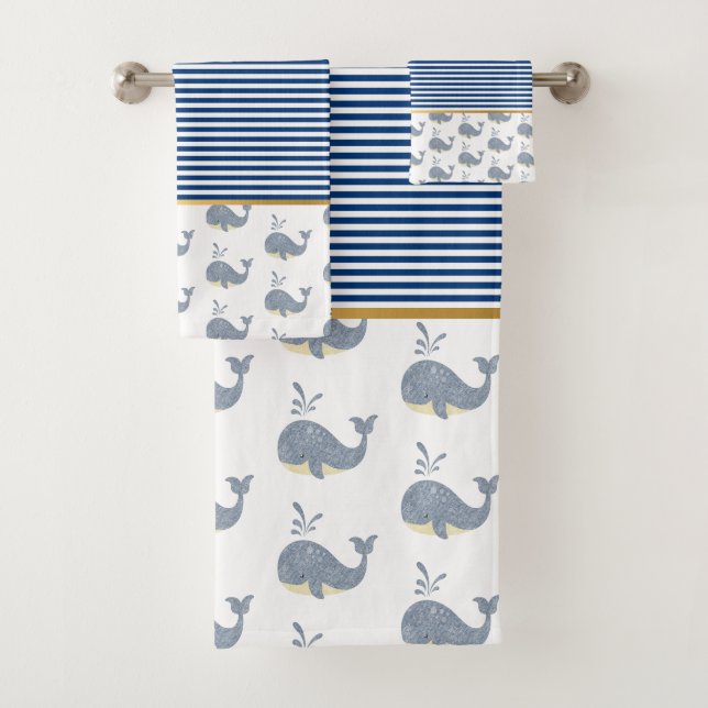 WHALE OF A TIME BLUE STRIPE BATHROOM TOWEL SET (Insitu)