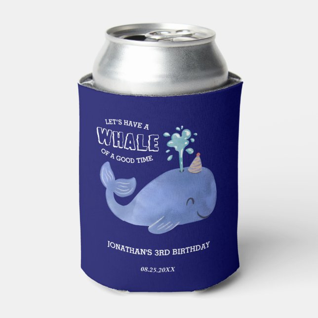 Whale Of A Time Cute Party Hat Navy Birthday Can Cooler (Can Front)