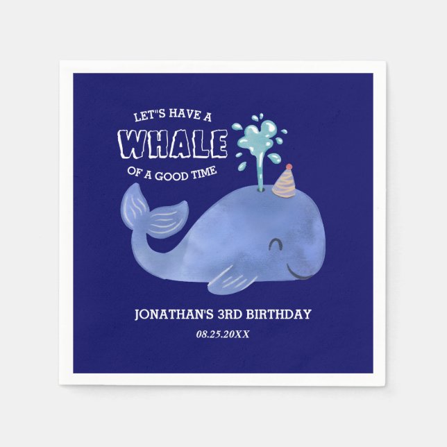 Whale Of A Time Cute Party Hat Navy Birthday  Napkin (Front)