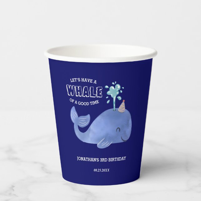 Whale Of A Time Cute Party Hat Navy Birthday Paper Cups (Back)