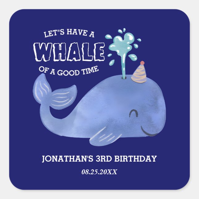 Whale Of A Time Cute Party Hat Navy Birthday  Square Sticker (Front)
