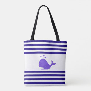 Whale on Blue and White Striped Tote Bag