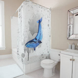 Whale On Cray Splatter & Water Splash Background Shower Curtain
