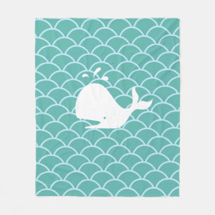 Whale on Teal Wavy Ocean Fleece Blanket