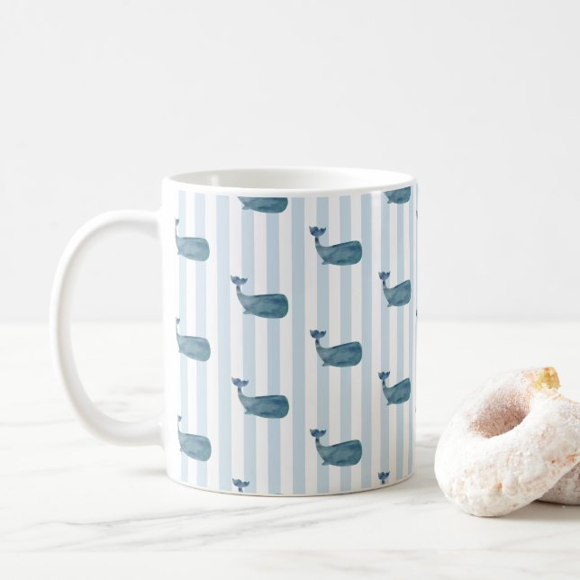 Whale Pattern Blue Stripe Mug (With Donut)