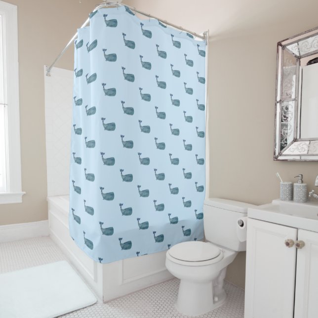 Whale Pattern Coastal Shower Curtain (In Situ)