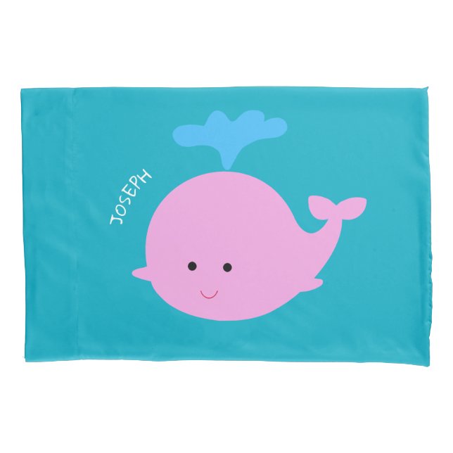 Whale Pillowcase with Name, Ocean Theme Bedding (Front)