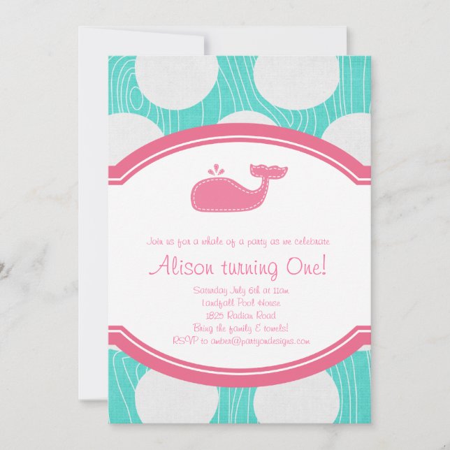 Whale Polka Dot Pool Party Aqua and pink modern Invitation (Front)