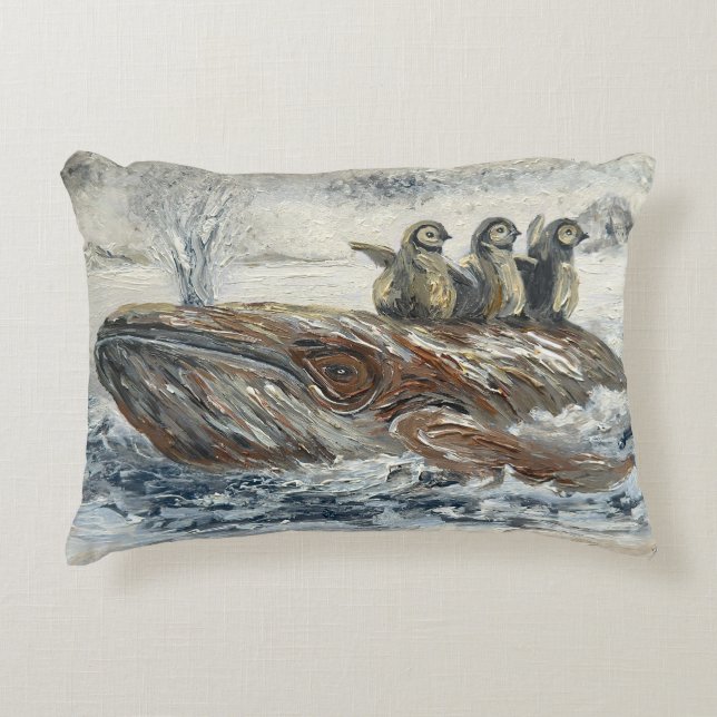 Whale Riders Whimsical Whale and Penguin Ocean Decorative Cushion (Front)