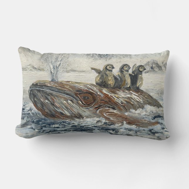 Whale Riders Whimsical Whale and Penguin Ocean Lumbar Cushion (Front)