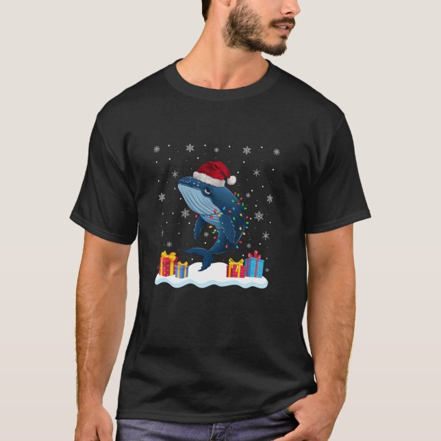 Whale Santa Hat Christmas Tree Light Xmas Pajama T-Shirt (Front)