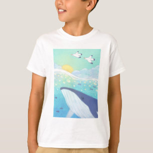 Whale, Seagulls & Summer Ocean Illustration T-Shirt