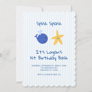 Whale Starfish Nautical  First Birthday Invitation