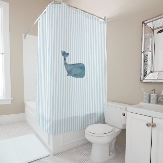 Whale Stripe Pattern Coastal Shower Curtain (In Situ)