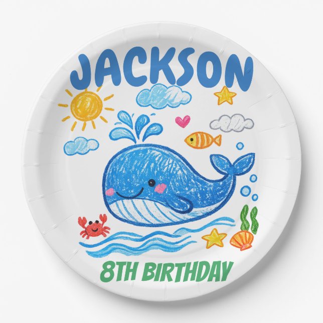 Whale Summer Birthday Party Decor  Paper Plate (Front)