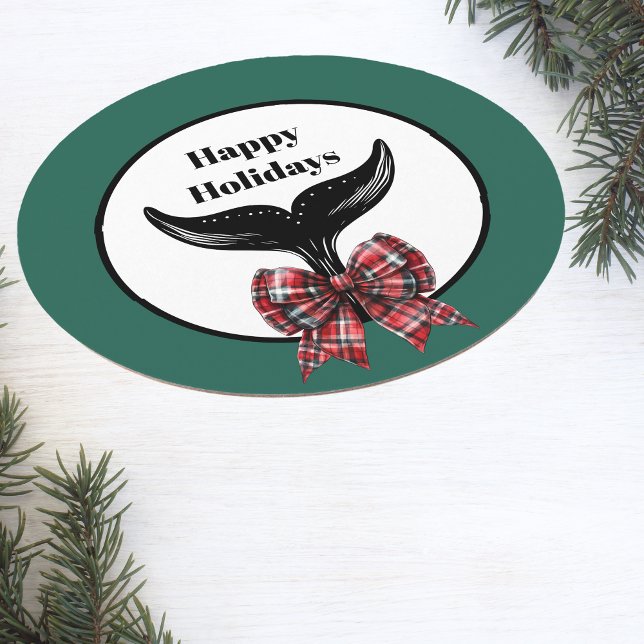 Whale Tail Black White Plaid Bow Christmas Round Paper Coaster (Creator Uploaded)