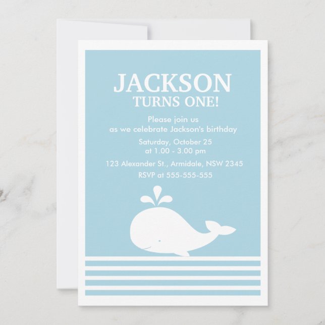 Whale theme birthday boy party invitation (Front)
