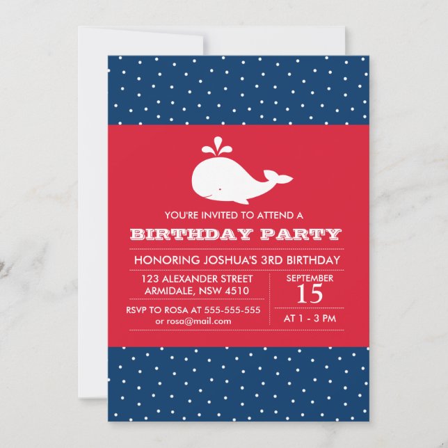 Whale theme birthday boy party invitation (Front)