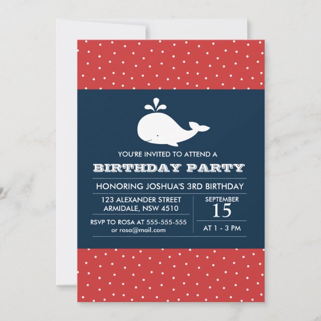 Whale theme birthday boy party invitation (Front)