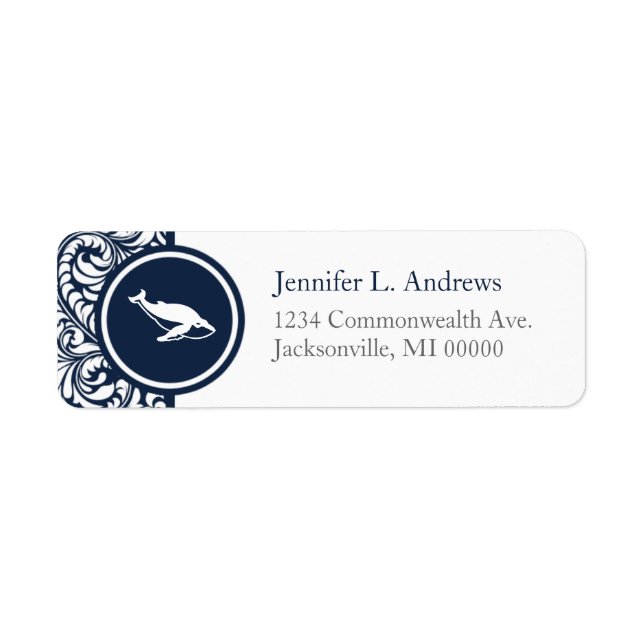Whale Theme Navy Damask Address Labels (Front)