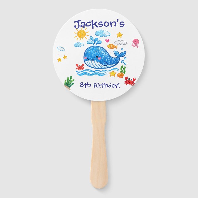 Whale Theme Summer Kids Birthday Party Hand Fan (Front)