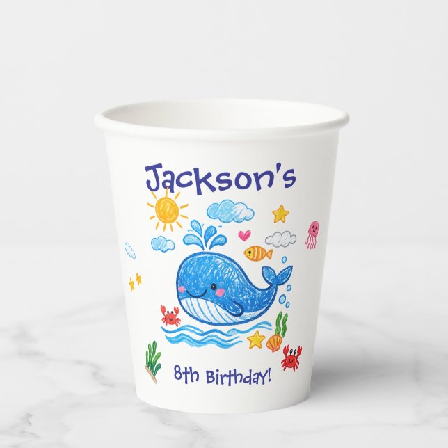 Whale Theme Summer Kids Birthday Party Paper Cups (Front)