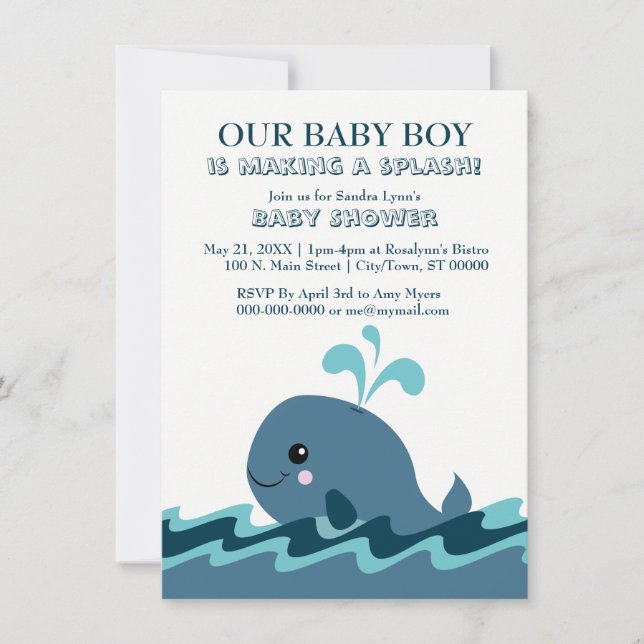 Whale themed Blue Baby Shower Invites (Front)