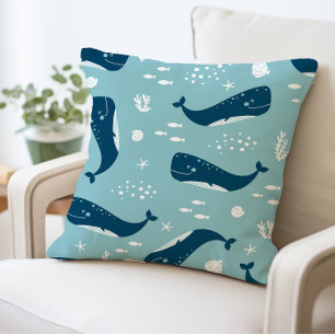 Whale Throw Pillow, Ocean Theme  Cushion