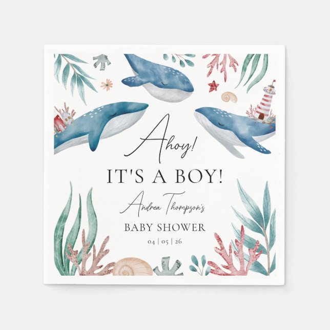 Whale Under the Sea Ahoy It's a Boy Baby Shower Napkin (Front)