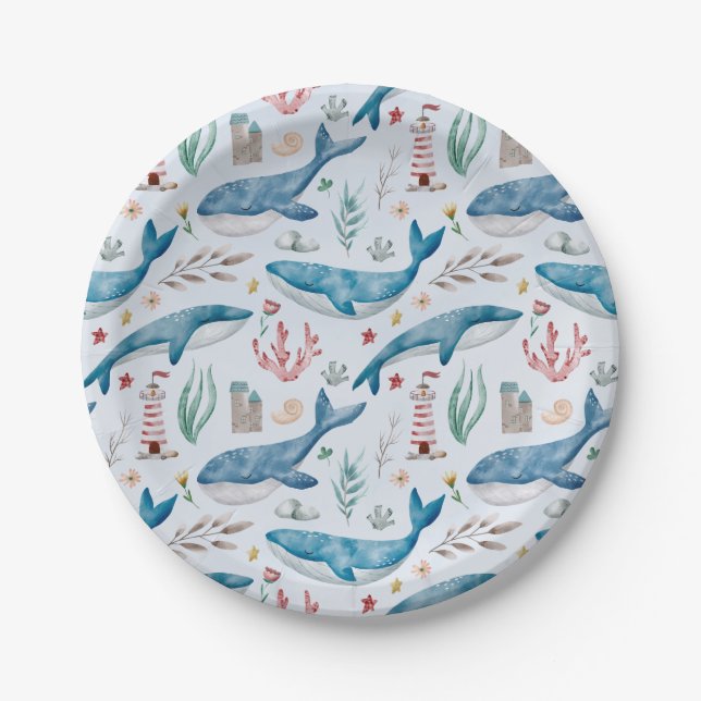 Whale Under the Sea Blue Boy Baby Shower Paper Plate (Front)