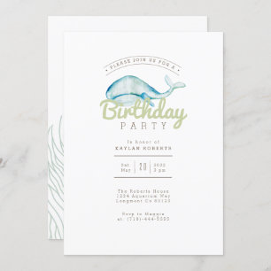 Whale Watercolor   Birthday Party   Ocean Life Invitation